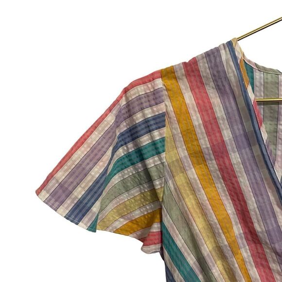 J. Crew Faux-Wrap Dress in Rainbow Gingham Midi Tiered Cotton Size 0 - Picture 5 of 10